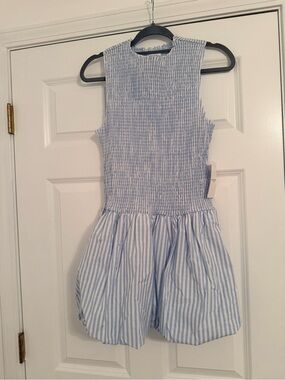 Women's Blue Striped Mini Dress - Sleeveless Smocked Bodice
